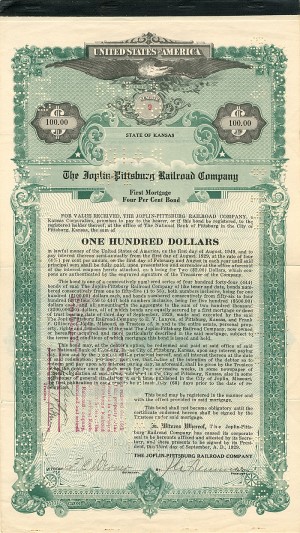 Joplin-Pittsburg Railroad Company - $100 Bond